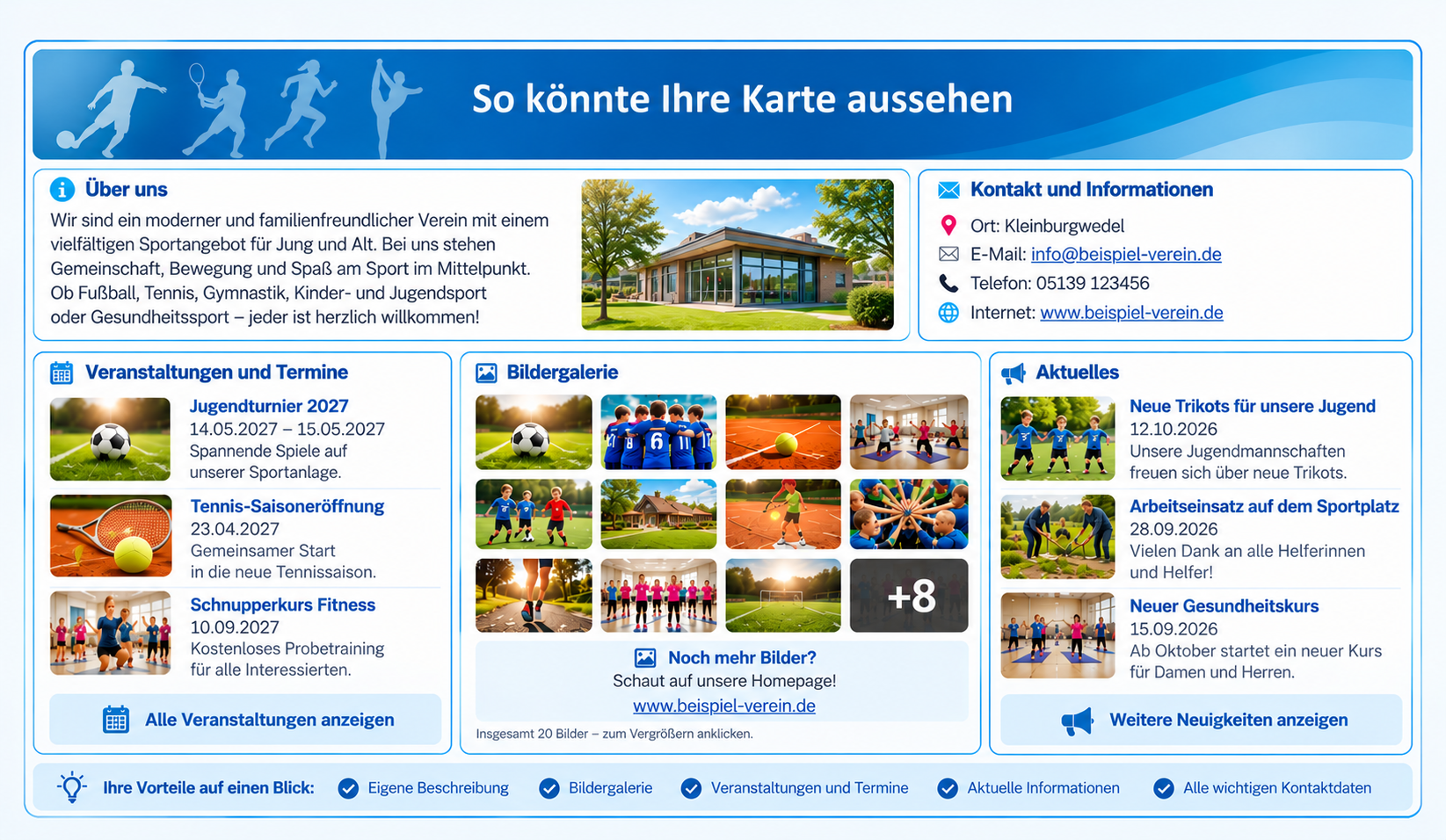 So könnte Ihre Karte aussehen: blaue Musterkarte mit Beschreibung, Kontaktdaten, Veranstaltungen, zwölf Galeriebildern und Aktuelles